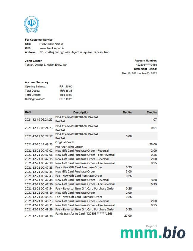 Iran Bank Sederet Iran oświadczenie szablon w programie Word i PDF